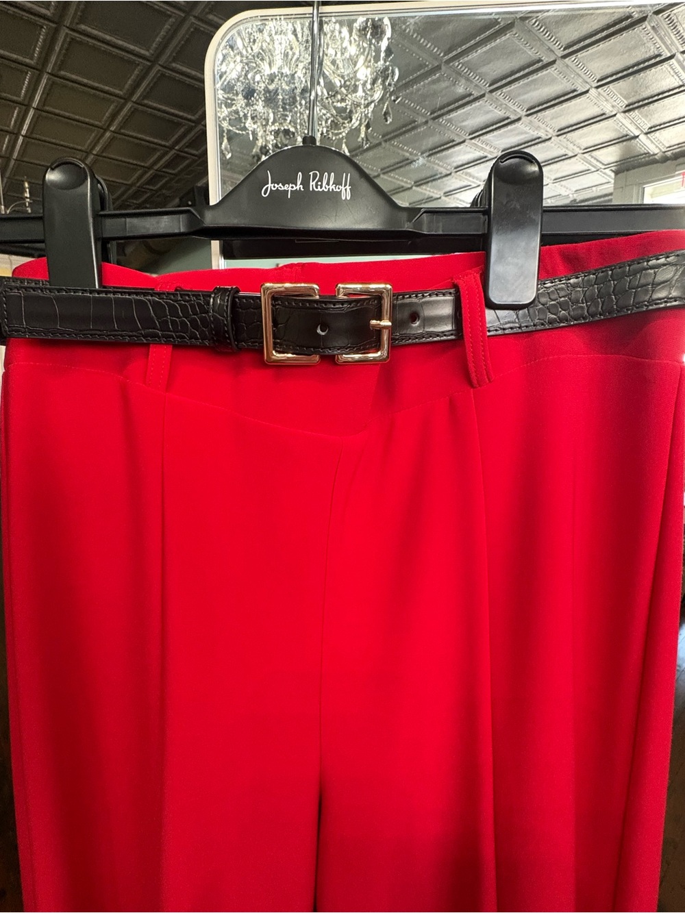Joseph Ribkoff Vibrant Red Wide-Leg Trousers with Black Croc-Texture Belt